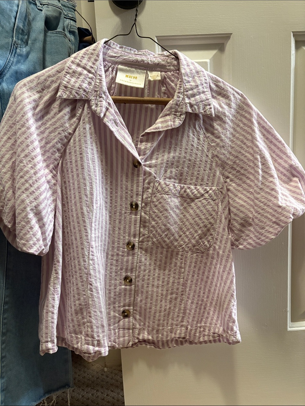 Anthropologie Lavender & White Striped Seersucker Button-Up